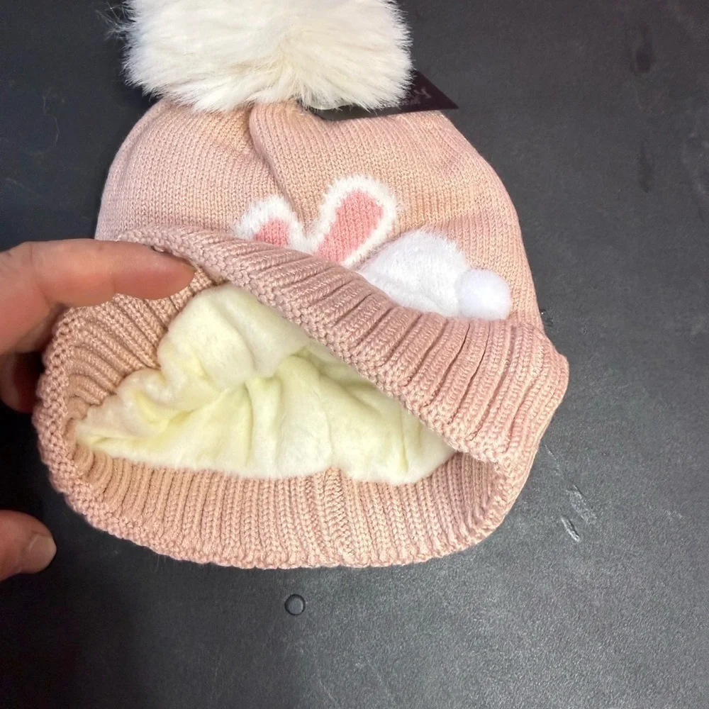 Charming Pink Bunny Kids Beanie with Pom Pom